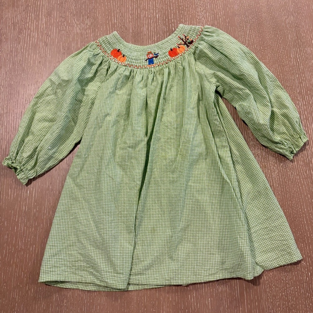 Girls Smocked Pumpkin Fall Dress Size 5 Green Gingham Long Sleeve Thanksgiving